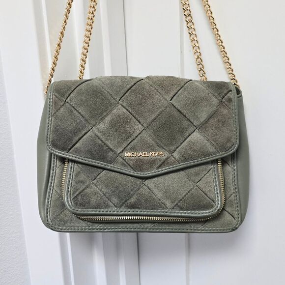 Michael Kors Regina Medium Woven Suede Convertible Shoulder Bag in Army Green - Picture 2 of 12